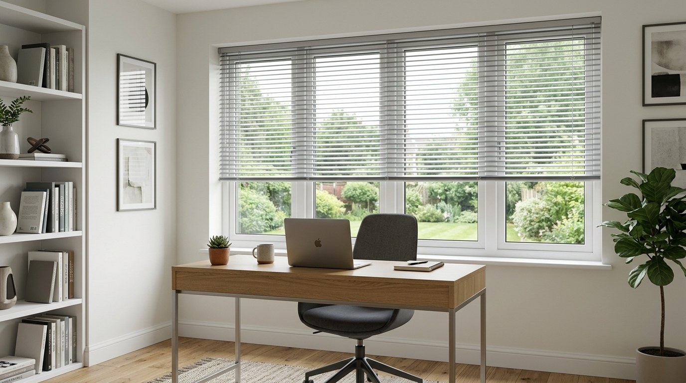 Slim silver aluminium venetian blinds on a home office window