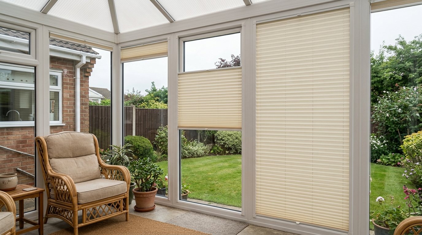 Cream pleated blinds on the windows of a conservatory looking onto a garden