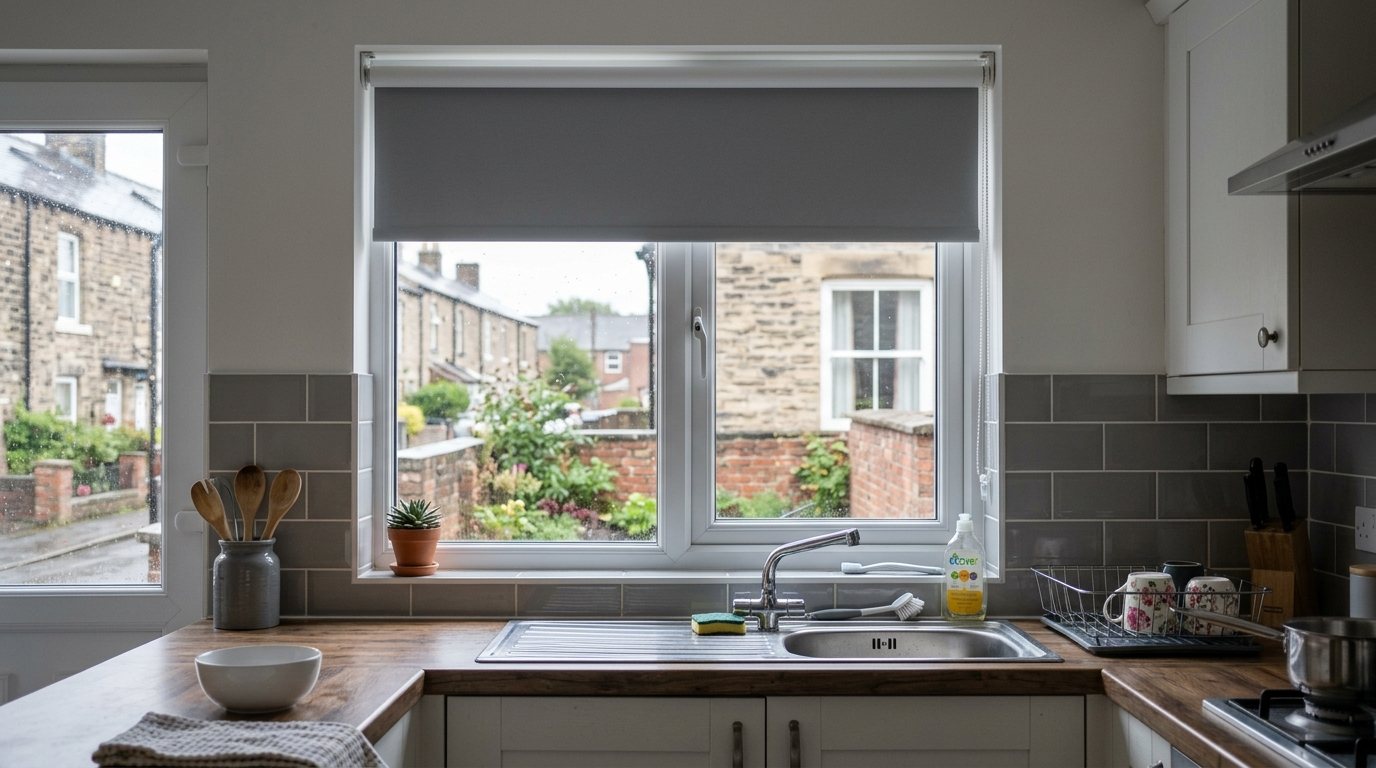 A grey roller blind half lowered on a kitchen window above the sink