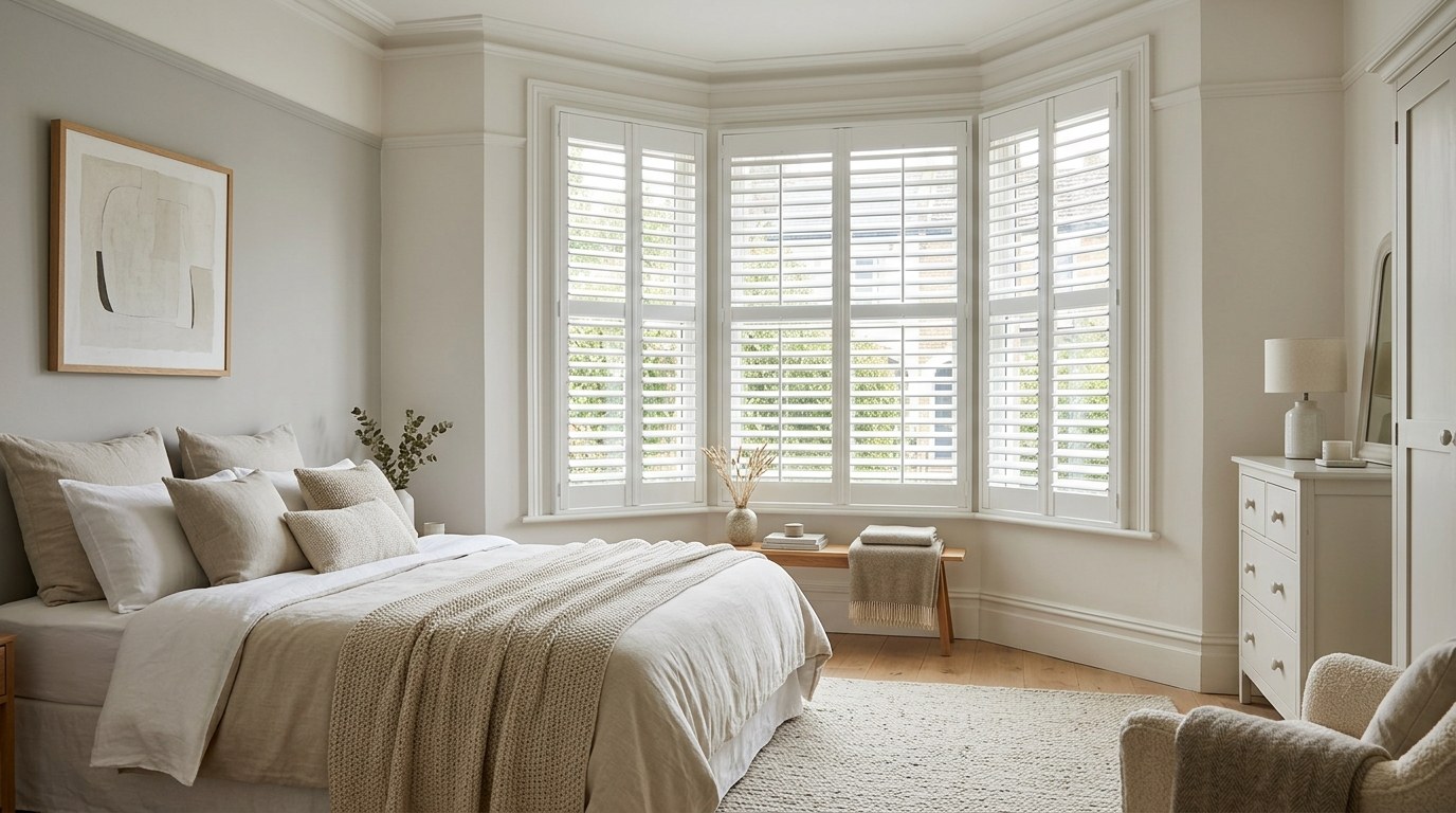 White full-height plantation shutters on a bedroom bay window