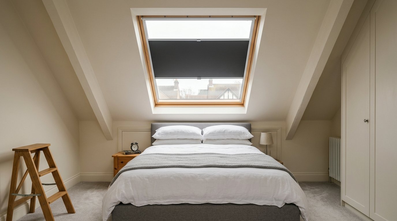 A dark grey blackout blind in side rails on a roof window above a bed