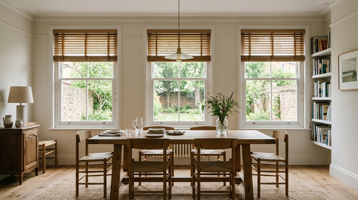 Oak wood venetian blinds on three dining room windows, slats half open